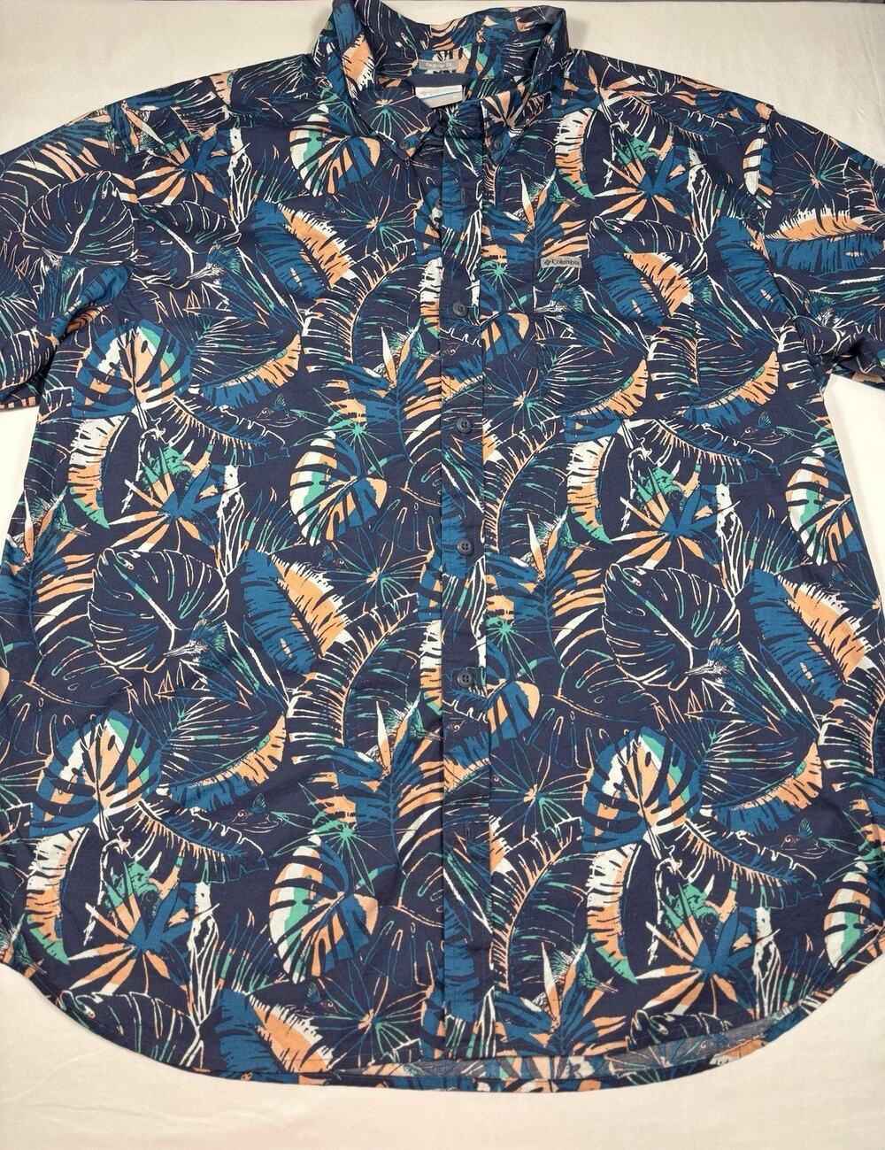Columbia Mens Blue XL Tropical Hawaiian Thistletown Hills Polo Omni Wick New
